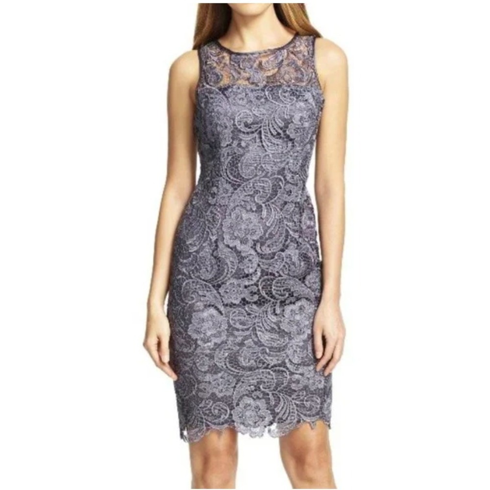 Adrianna Papell Lace Dress Gray‎ Sleeveless Cocktail Party Sheath